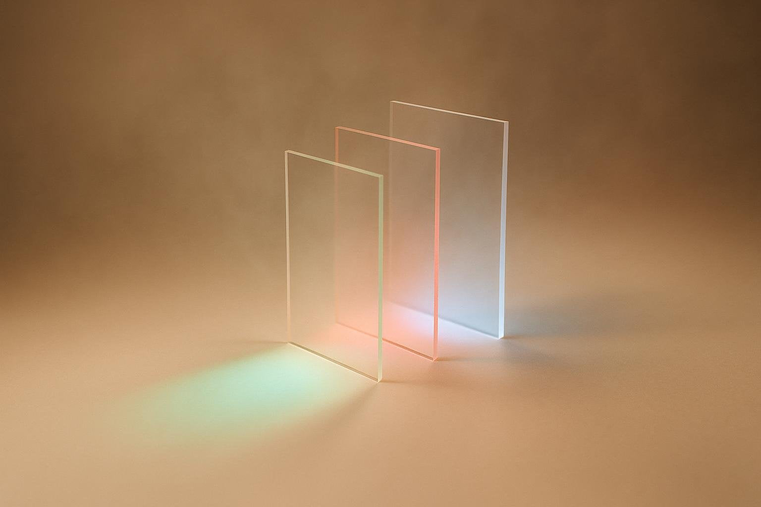 Three translucent glass panels casting red, green and blue light
