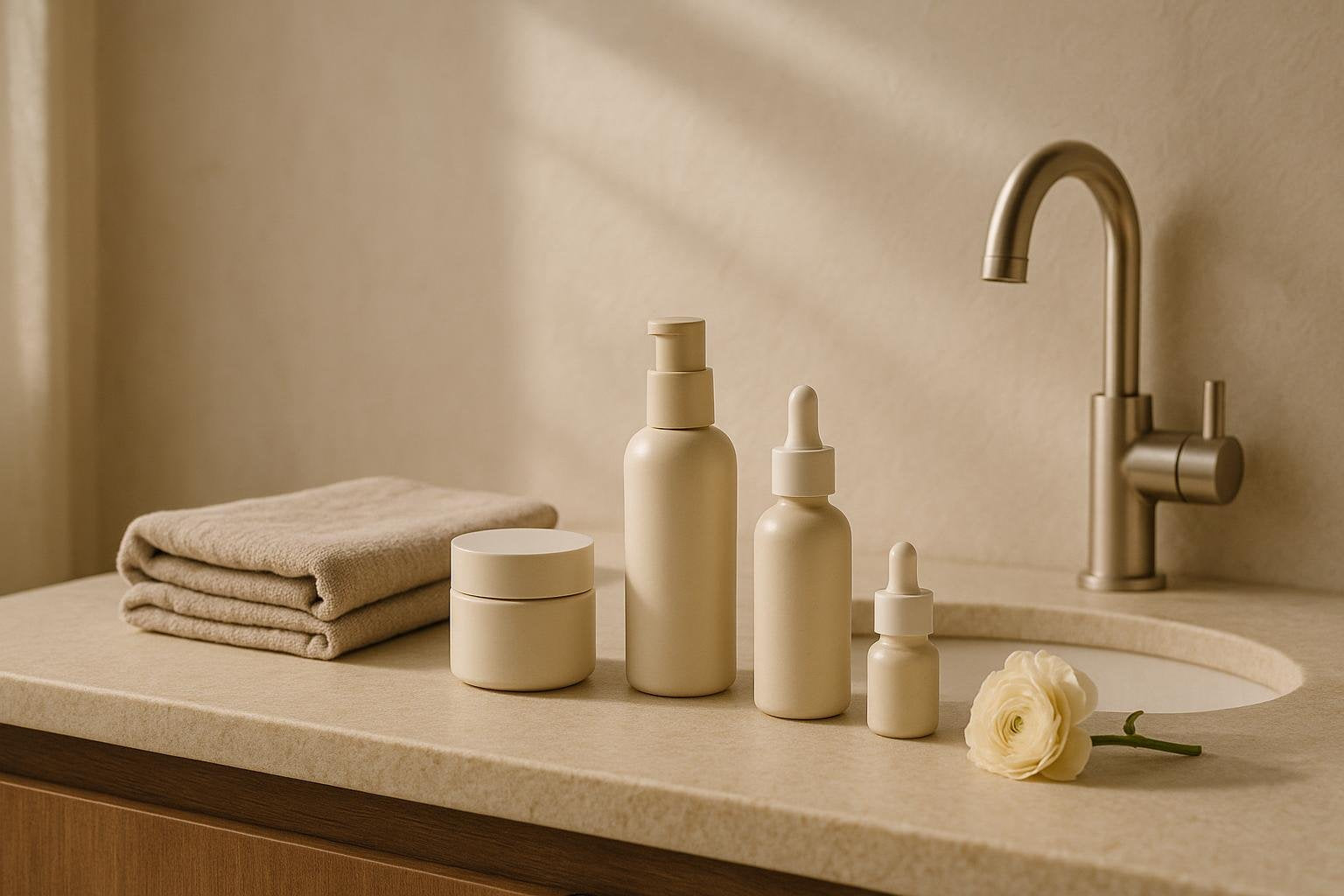 A serene at-home bathroom vanity with skincare in soft morning light