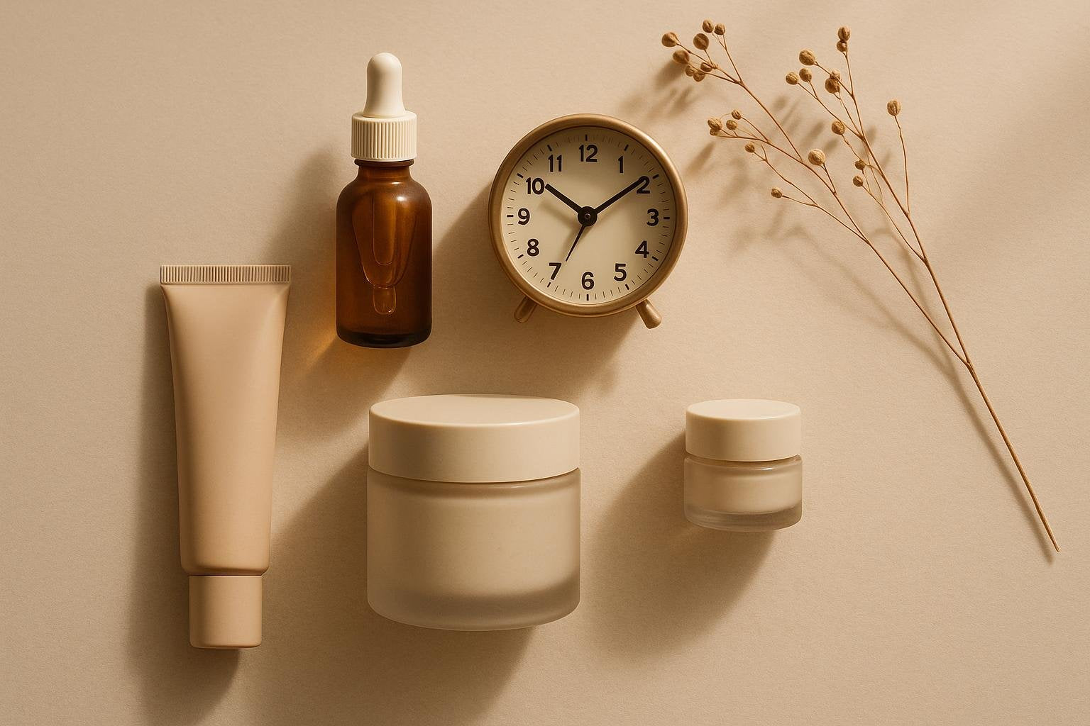 A calm, minimal skincare flat-lay with a small clock on a warm beige surface