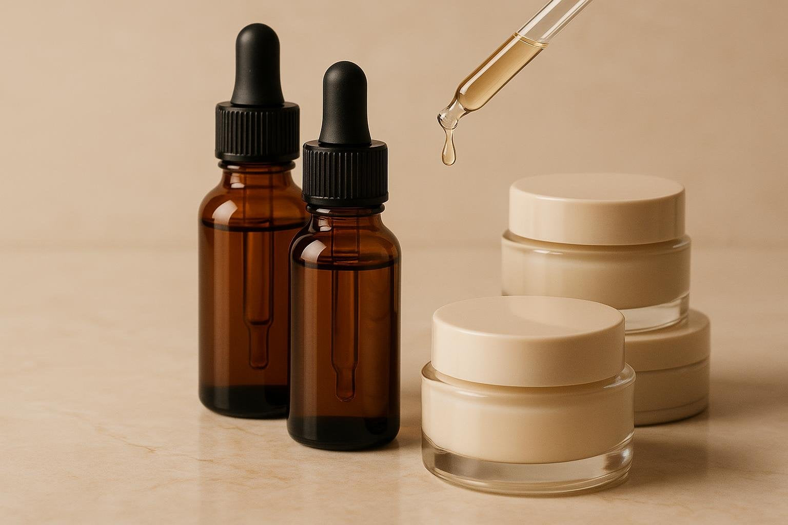 Amber glass dropper serum bottles and cream jars on a pale marble surface