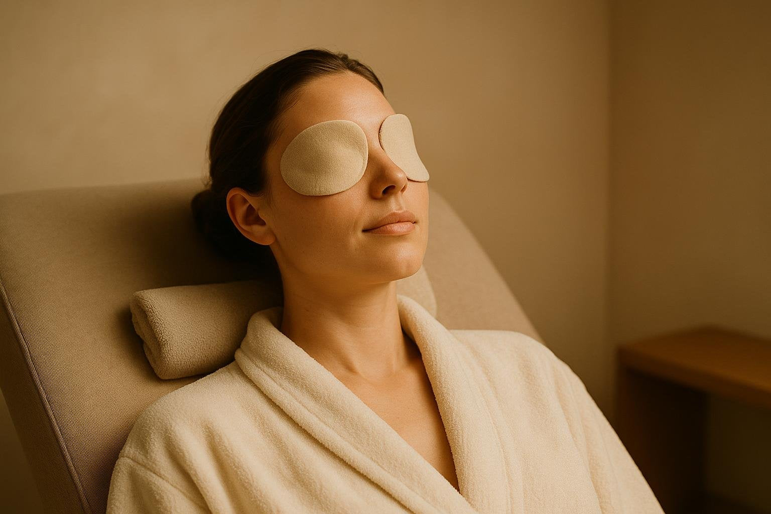 A person relaxing with soft protective eye covers in a tranquil spa setting