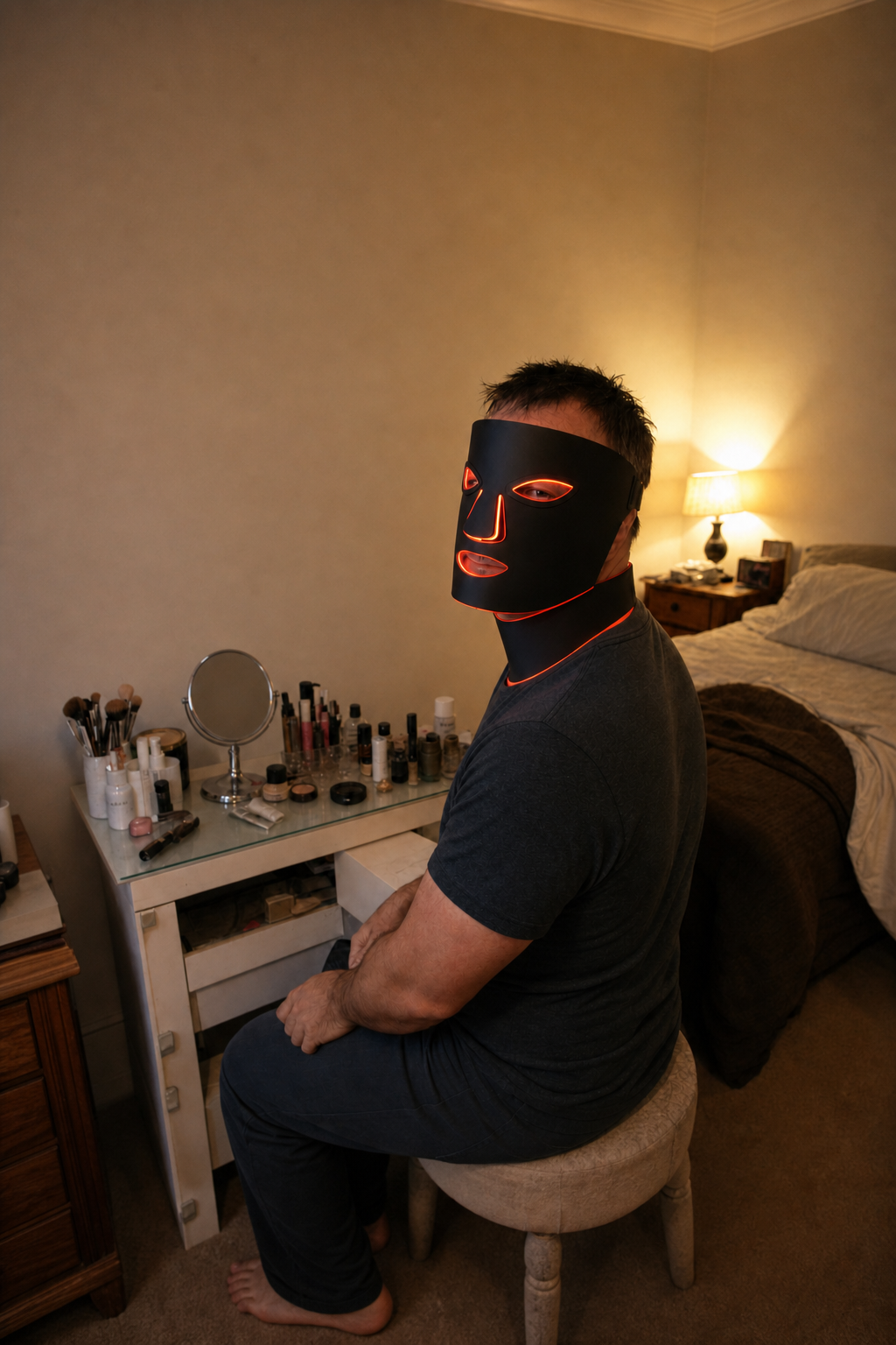 Tom wearing the Redermis mask at his wife's makeup table