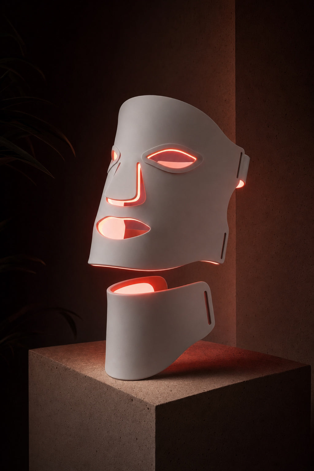 Redermis LED mask glowing red on a stone pedestal [white]