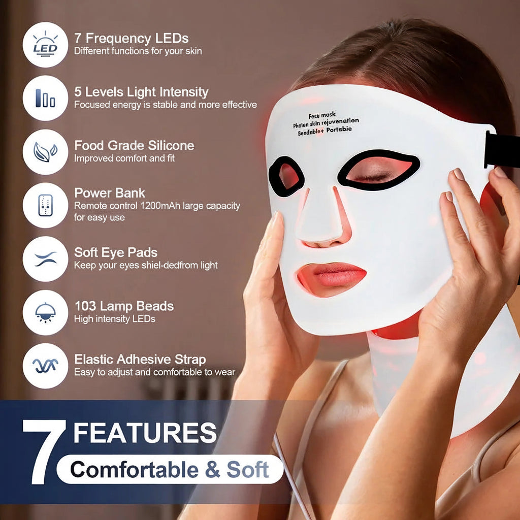 Medical Grade Silicone 7 wevelengths photon LED Mask Face And Neck Red Light Therapy Flexible Facial Mask Repair Skin Wireless Use