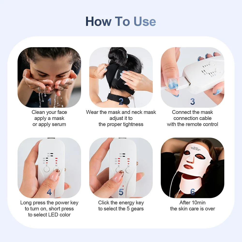 Medical Grade Silicone 7 wevelengths photon LED Mask Face And Neck Red Light Therapy Flexible Facial Mask Repair Skin Wireless Use