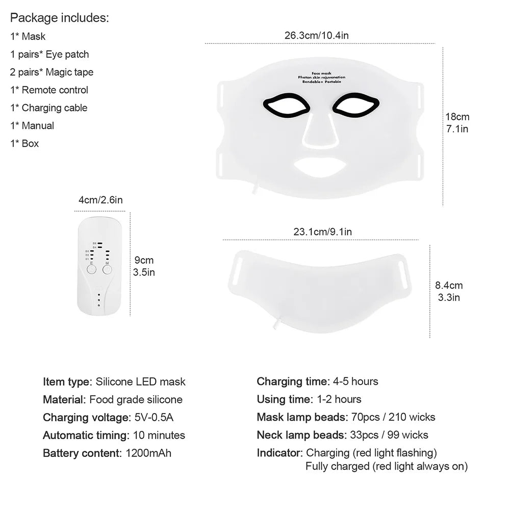 Medical Grade Silicone 7 wevelengths photon LED Mask Face And Neck Red Light Therapy Flexible Facial Mask Repair Skin Wireless Use