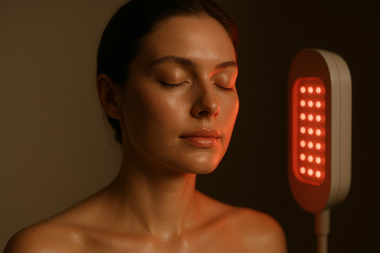 A woman with closed eyes, her face bathed in soft red therapeutic light