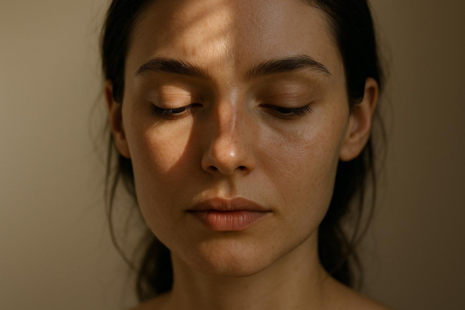 A face half lit by warm sunlight and half in soft shade