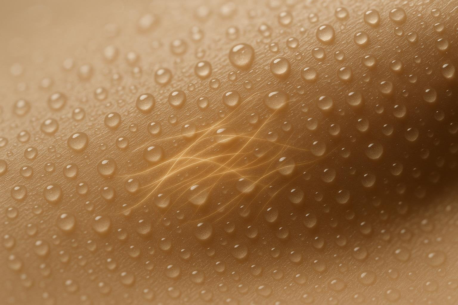 Macro of firm, dewy skin with droplets and soft golden light strands
