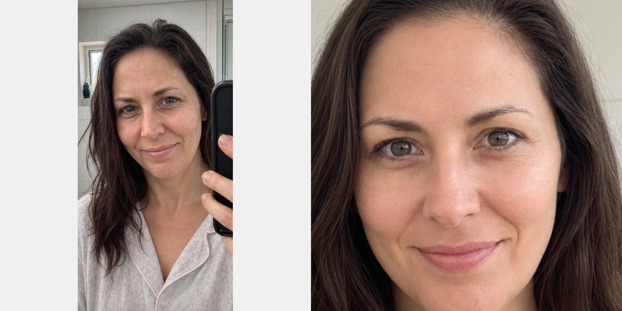 Before and after — Jess in pajamas at the bathroom mirror