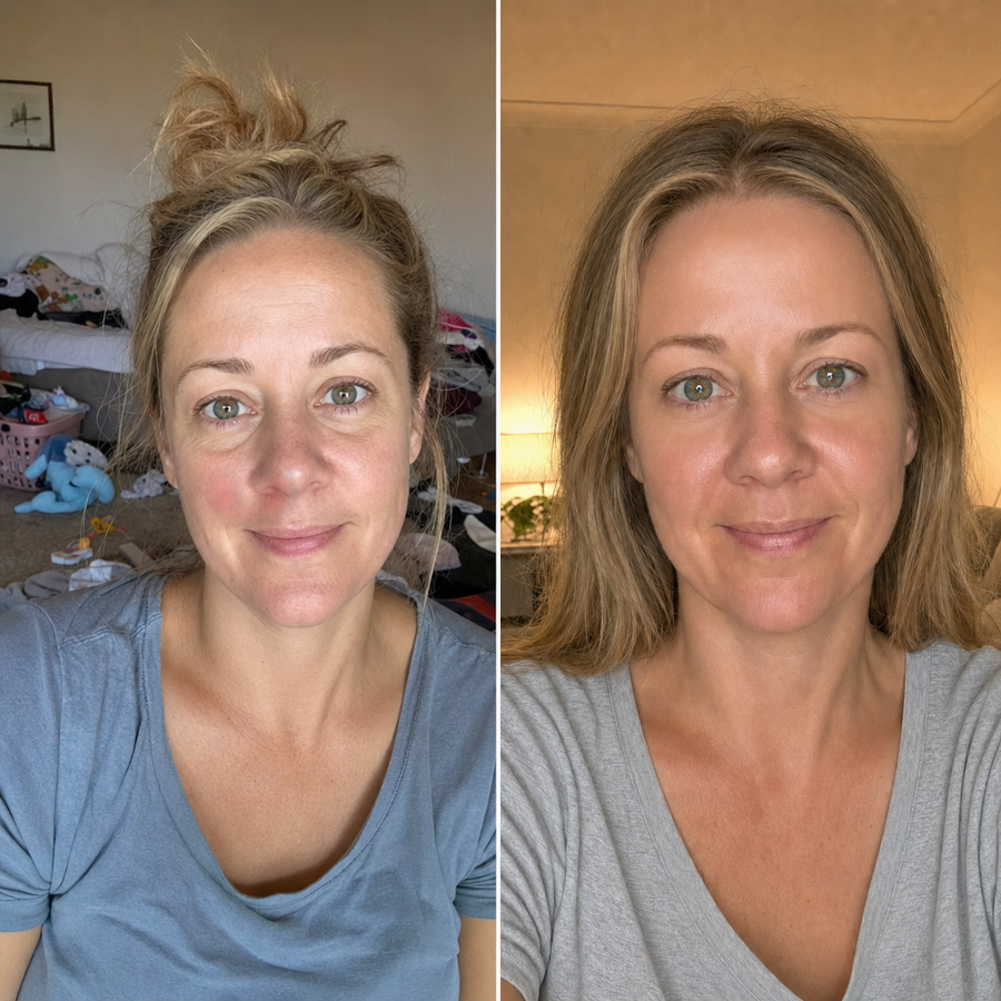 Before and after — same mum, daytime messy room vs evening tidy room
